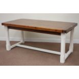 Polished pine rectangular dining table raised on painted stretcher base, 181cm x 90cm,