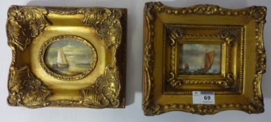 Two small gilt wood frames enclosing Dutch fishing scenes, W 21cm,