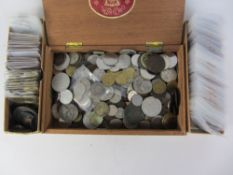 GB copper and world silver and other coinage in three boxes and a Victorian propelling pencil case