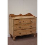 Victorian waxed pine chest fitted with two short and two long drawers, raised on turned feet, W94cm,
