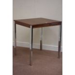 Square American walnut effect table on chromed base, 70cm x 70cm,