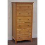 Solid oak six drawer chest, W 63cm, H 133cm,