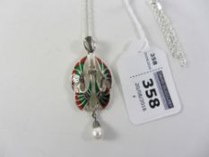 Plique a jour pendant necklace with marcasite and pearl stamped 925 Condition Report