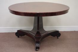 William IV mahogany circular breakfast table raised on canted splayed triangular column base,