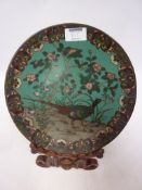 Early 20th Century Cloisonne plate decorated with a pheasant 24cm with wooden stand