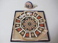 Royal Crown Derby snail paperweight and a Royal Crown Derby 1128 pattern Imari plate - boxed