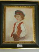 Over painted tile, depicting a young boy in stripped cap, W15cm,