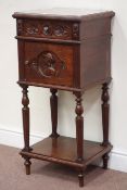 20th century carved oak continental bedside cab, with marble top, over frieze drawer and cupboard,