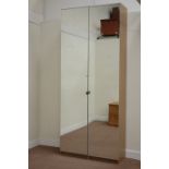 Pair tall narrow wardrobes enclosed by single full height mirror glazed door,