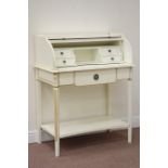 White finish barrel roll top desk with fitted interior, W 85cm wide, H 104cm,