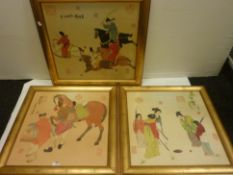 Three Oriental woodblock style prints, each with gilt wood frames,