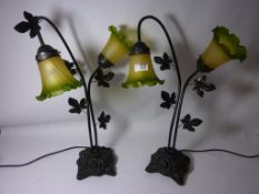 Pair wrought metal two branch table lamps with glass shades (This item is PAT tested - 5 day