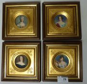 Four gilt wood frames, enclosing over-painted pictures of young ladies in period costume, W 15cm,