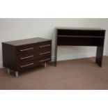 Dark oak finish desk (W100cm, H80cm, D40cm), with three drawer chest (W90cm, H59cm,