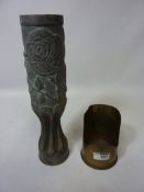 WW1 trench art vase embossed with roses and another trench art candle holder Condition