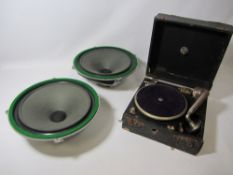 Vintage Wharfedale 12" speaker driver units and a Vintage Maxitone record player,