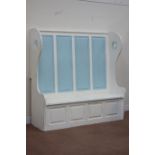 Large painted pine panelled settle pew, double hinged seat enclosing storage compartments, W169cm,