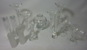 Two twisted glass candle sticks, two Nambé glass candle sticks,