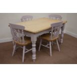 Rectangular pine top dining table on painted turned base (92cm x 151cm, H78cm),