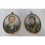 Pair of late Victorian hand painted portrait miniatures depicting lady and gent ,