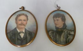 Pair of late Victorian hand painted portrait miniatures depicting lady and gent ,