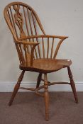 Late 20th century elm and ash double hoop and stick back Windsor chair, fret work splat back,