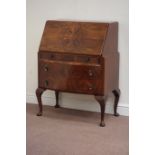 Mid 20th century figured walnut fall front bureau fitted with two drawers, W79cm, H100cm,