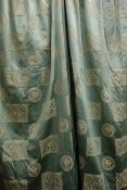 Pair of green and gold curtains including pelmet single bed spread and five similar cushion covers
