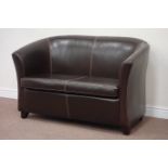 Two seat sofa upholstered in brown faux leather,