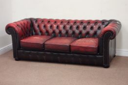 Three seat Chesterfield sofa upholstered in buttoned ox blood leather,
