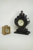 Gilt metal alarm clock of square form on bun feet (H 7cm) and a slate clock of small proportions H