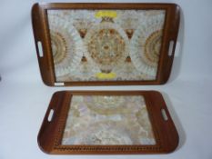 Edwardian mahogany inlaid rectangular two handled tray, with butterfly wing decoration, L72.