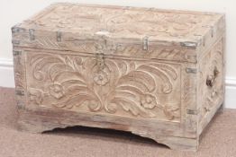 Rajasthan carved teak and metal bound travelling trunk, W67cm, H40cm,