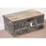 Early 20th century pine and metal bound travelling trunk, bearing 'G.