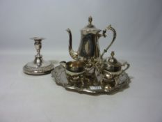 Silver plated tray with tea set and candle stick Condition Report <a