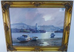 Scarborough Harbour Looking at Olivers Mount, oil on board, Don Micklethwaite(b.