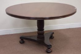 Regency mahogany circular top dining table turned rope twist pedestal on trifoil base with three