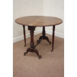 Victorian walnut burr drop leaf Sutherland table, turned and carved base,