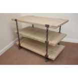 Rectangular bread-boarded pine three tier trolley, supported by chain links,