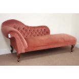 Victorian walnut framed chaise longue, raised on carved feet with brass castors,