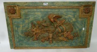 Over painted carved panel, depicting hoho birds and quiver,