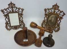 A pair of 19th Century cast brass picture frames and four treen items Condition Report