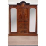 Edwardian inlaid mahogany triple combination wardrobe, centre fitted with cupboard and four drawers,