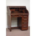 20th century oak tambour roll top desk, fitted with four drawers and slide, W92cm, H113cm,