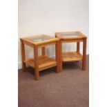 Pair oak side tables fitted with undertier and inset glass tops, 45cm x 45cm,