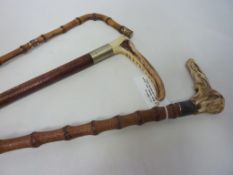 Walking cane with carved bone handle and hallmarked silver collar,