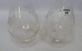 Pair brandy balloon glasses with etched hunting scenes Condition Report <a