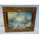 'Dutch Winter Scene' oil on panel, unknown artist, in elaborate gilt frame,