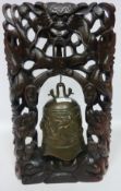 Chinese bronze temple bell on inlaid and carved wood stand Condition Report <a