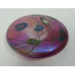 Glasform circular iridescent lily pad paperweight with a silver coloured dragonfly,